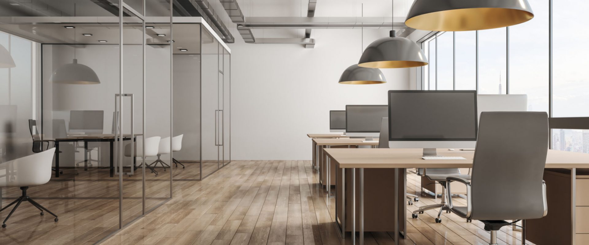 Modern office interior with daylight and city view. 3D Rendering