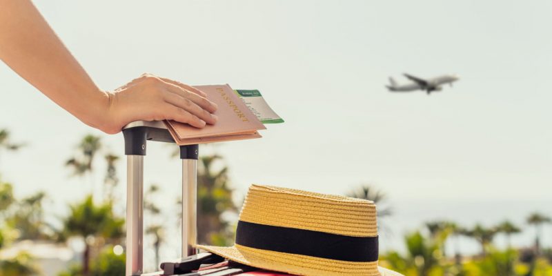 Woman with pink suitcase and passport with boarding pass standing on passengers ladder of airplane opposite sea with palm trees. Tourism concept